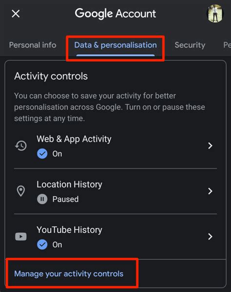 Google services activity controls